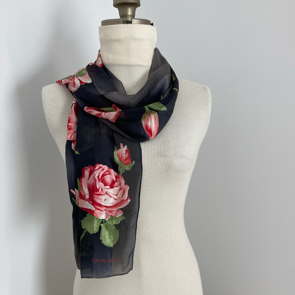 Laura Ashley floral scarf with red roses and black stripes